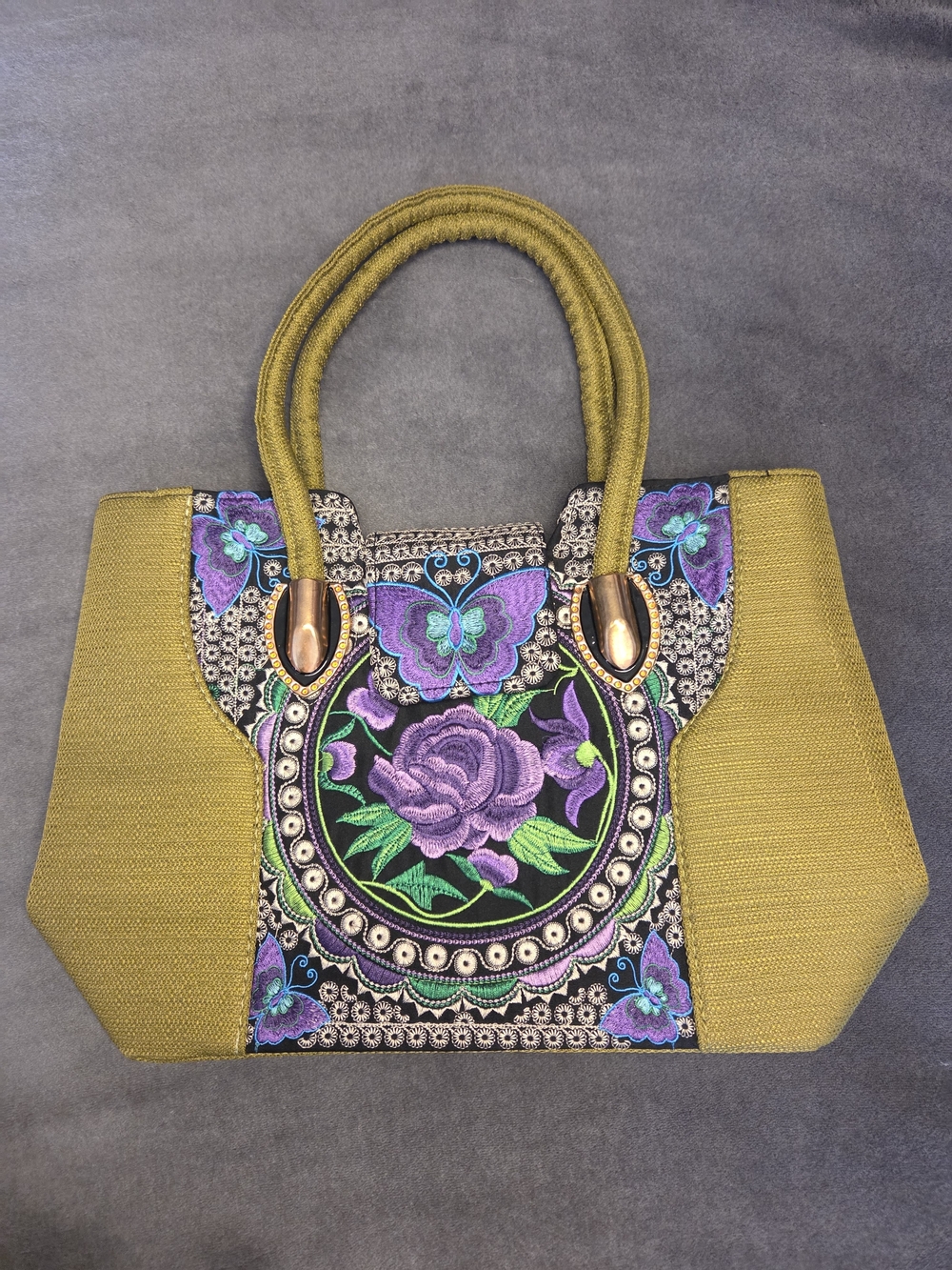 Embroidered Purple Rose Tote Bag in Olive Green